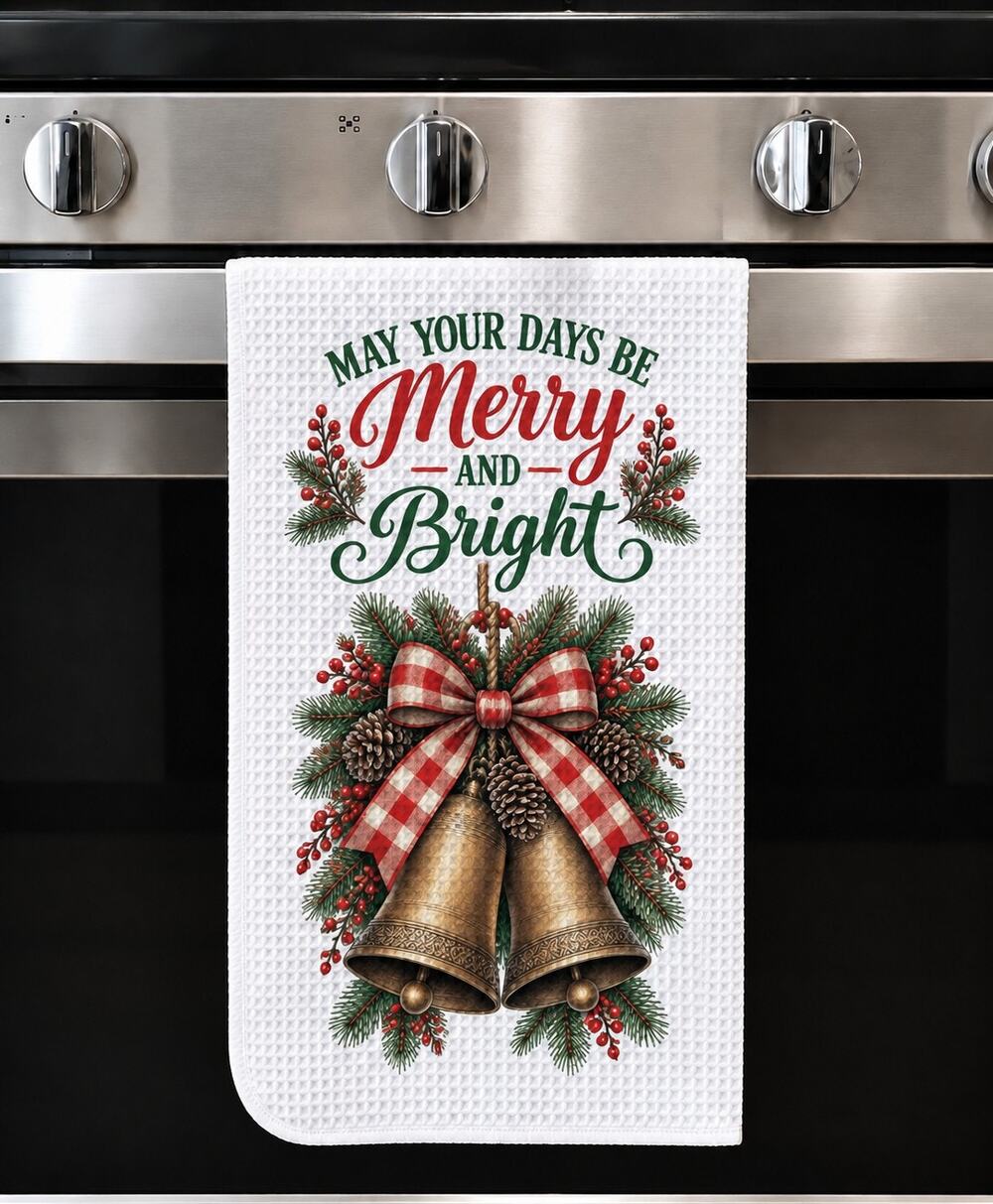 Christmas Bells Kitchen Towel Merry & Bright Farmhouse Holiday Decor